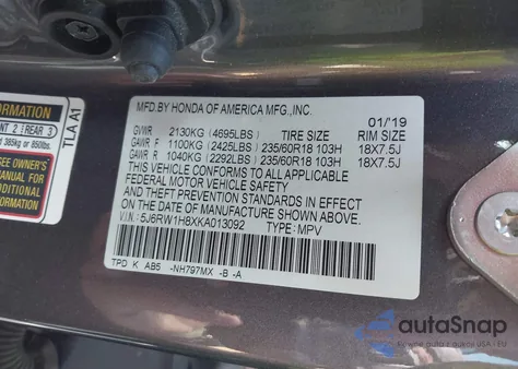 2019 Honda Cr-V Ex-L из США, поврежденный, VIN 5J6RW1H8XKA013092